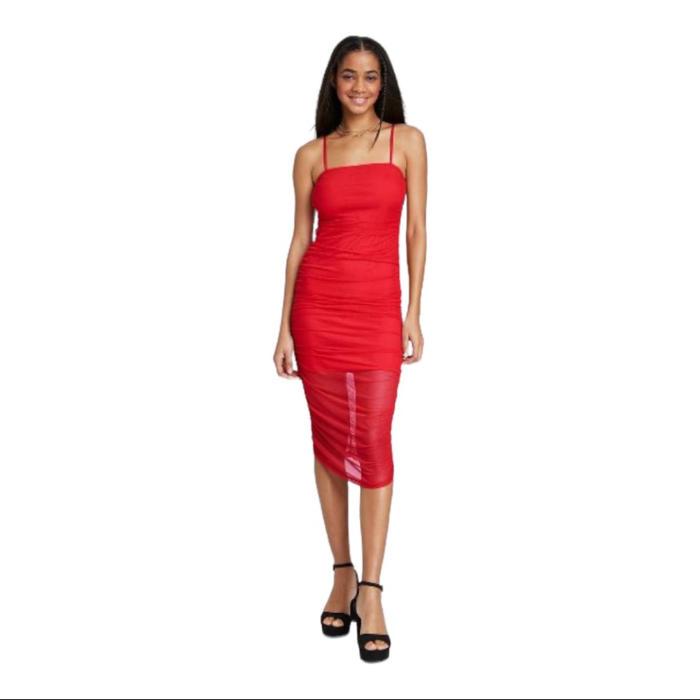 Wild Fable Women's Sleeveless Ruched Mesh Dress Red Size S.